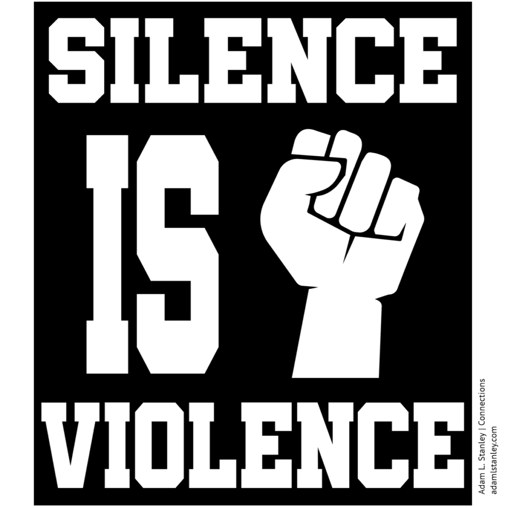 Words silence is violence in white letters on black background